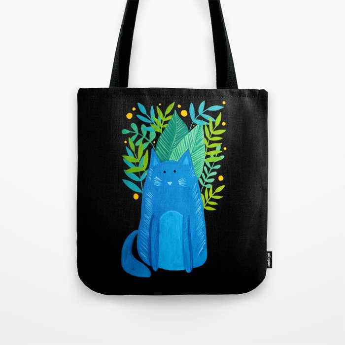Cat and foliage - blue, green and black background Tote Bag by ...