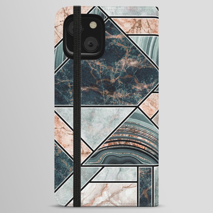 Art Deco Teal + Rose Gold Abstract Marble Geometry iPhone Wallet Case