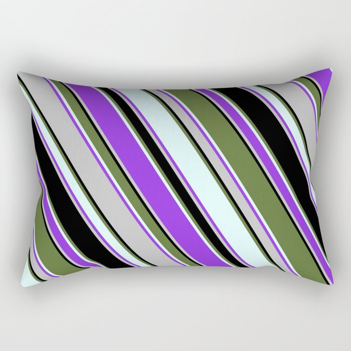 Colorful Dark Olive Green, Light Cyan, Purple, Grey, and Black Colored Lined/Striped Pattern Rectangular Pillow