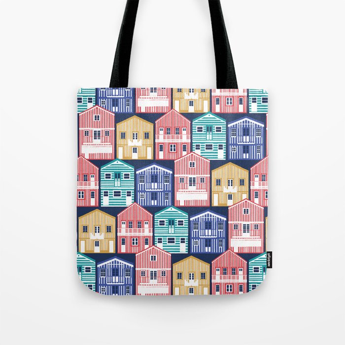 Colourful Portuguese houses // navy blue background rob roy yellow mandy red electric blue and peacock teal Costa Nova inspired houses Tote Bag