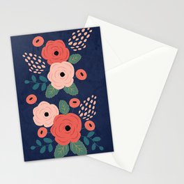 Flower Pattern, Pink Red Flowers on Blue, Vintage, Floral Stationery Card