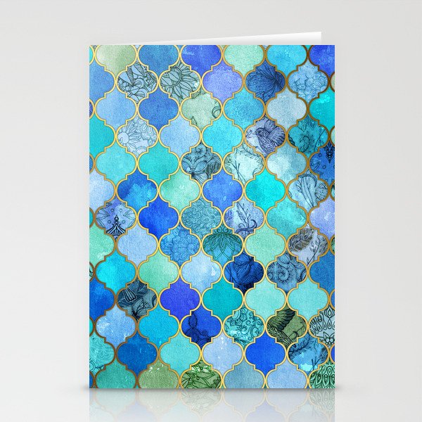 Cobalt Blue, Aqua & Gold Decorative Moroccan Tile Pattern Stationery Cards