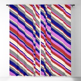 [ Thumbnail: Vibrant Orchid, Red, Beige, Grey, and Blue Colored Lines/Stripes Pattern Blackout Curtain ]