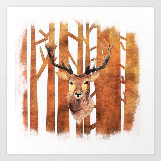 Proud deer in forest- Watercolor Illustration Art Print