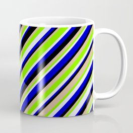 [ Thumbnail: Eye-catching Green, Lavender, Blue, Black, and Tan Colored Lined/Striped Pattern Coffee Mug ]