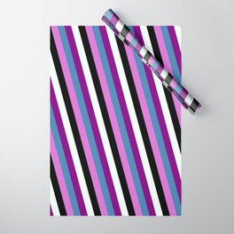 [ Thumbnail: Eyecatching Blue, Orchid, Black, Mint Cream & Purple Colored Stripes Pattern Wrapping Paper ]