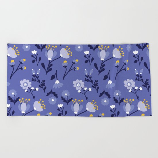 Blue Vintage Flower Pattern Beach Towel