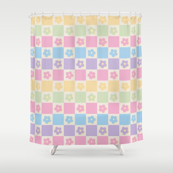Checkered Flower Power Danish Pastel Rainbow Tones Shower Curtain