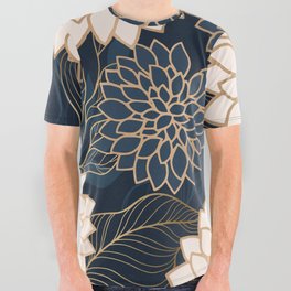 Floral Aesthetic in Navy, Blue, Ivory and Gold All Over Graphic Tee