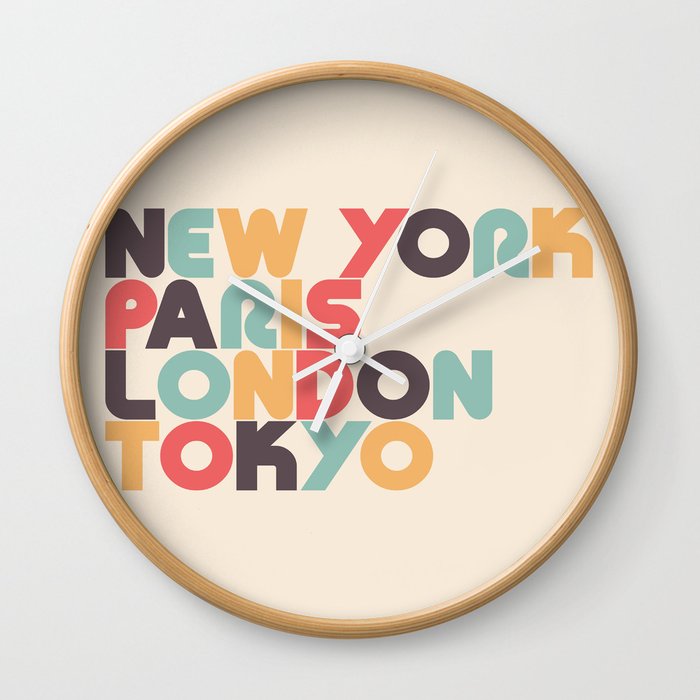 New York Paris London Tokyo Typography Retro Rainbow Wall Clock By Carrielymandesigns Society6
