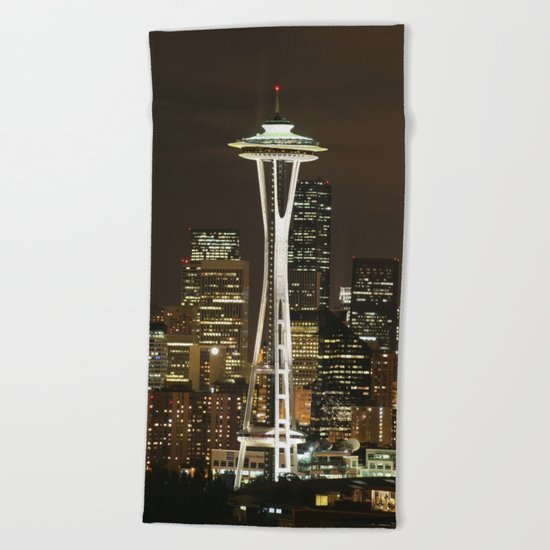 Seattle Space Needle at Night - City Lights Beach Towel
