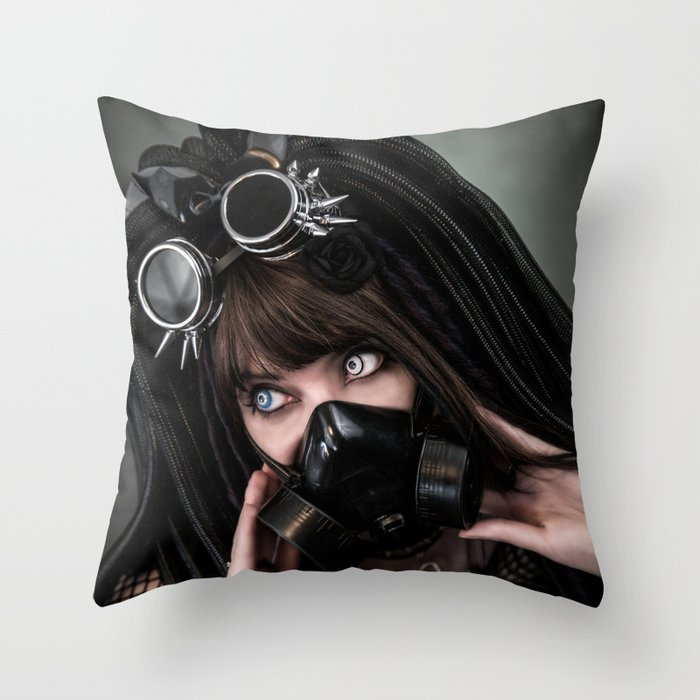 Cybergoth cyber girl black gas mask Throw Pillow