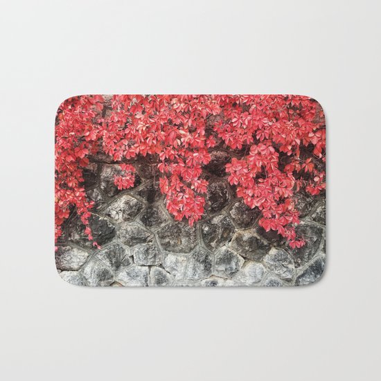 Pink red ivy leaves autumn stone wall Bath Mat