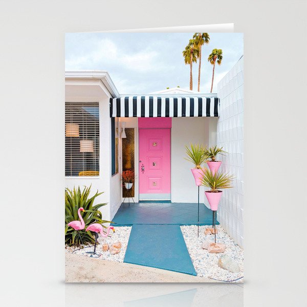 Cute Pink Door with Yard Flamingos in Palm Springs Stationery Cards