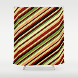 [ Thumbnail: Colorful Green, Pale Goldenrod, Brown, Dark Red & Black Colored Stripes Pattern Shower Curtain ]