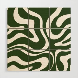 Retro Modern Liquid Swirl Abstract Pattern in Deep Green and White Wood Wall Art