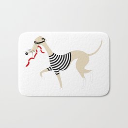 Whippet Thief Bath Mat | Funny, Whippet, Kids, Wicked, Caricature, Stripes, Cheeky, Sausages, Thief, Sighthound 
