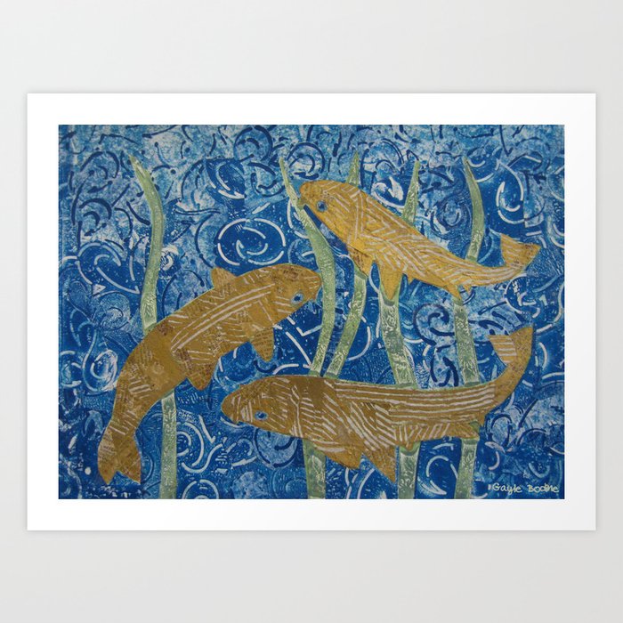 Gold Painted Paper Mosaic Fish Art Print
