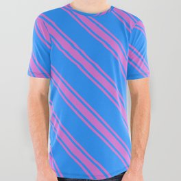 [ Thumbnail: Blue & Orchid Colored Striped/Lined Pattern All Over Graphic Tee ]