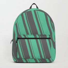 [ Thumbnail: Dim Gray & Aquamarine Colored Lined/Striped Pattern Backpack ]