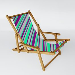 [ Thumbnail: Purple, Grey, and Green Colored Lines Pattern Sling Chair ]