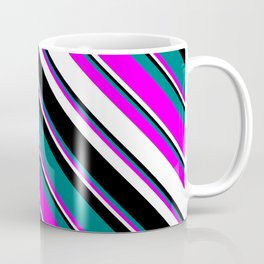 [ Thumbnail: Teal, Fuchsia, White, and Black Colored Lined/Striped Pattern Coffee Mug ]
