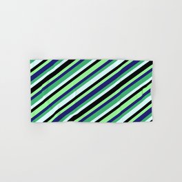 [ Thumbnail: Eyecatching Sea Green, Light Cyan, Black, Green, and Midnight Blue Colored Striped/Lined Pattern Hand & Bath Towel ]