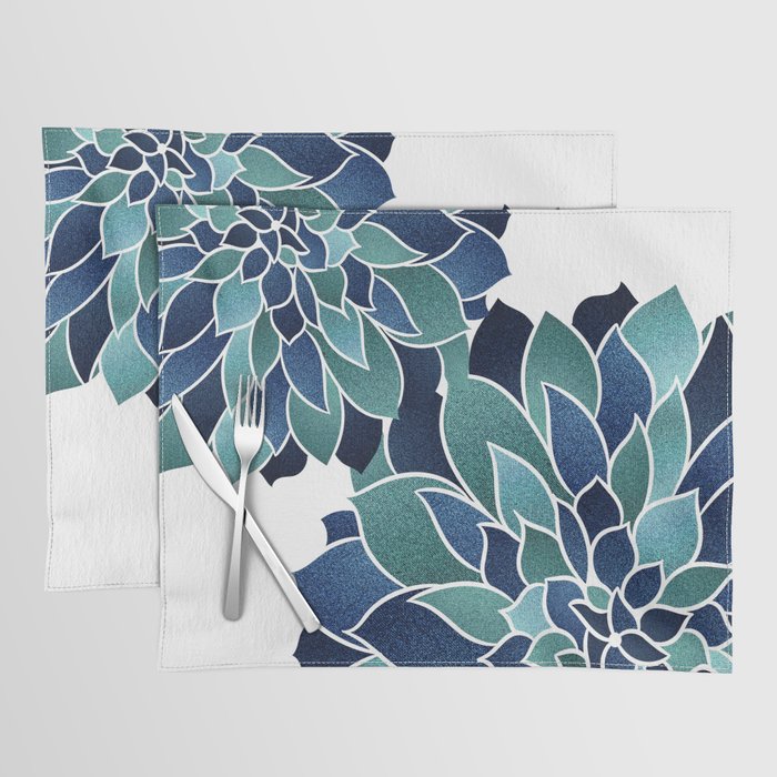 Festive, Floral Prints, Navy Blue and Teal on White Placemat