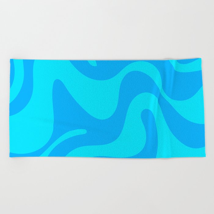 Lava Lamp - 70s Abstract Minimal Modern Wavy Art Design Pattern in Blue and Turquoise Beach Towel