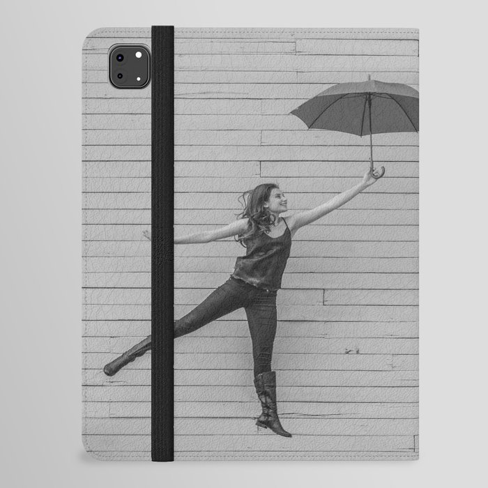 On the way to the break of day; woman flying with umbrella confidence inspirational female black and white photograph - photography - photographs iPad Folio Case