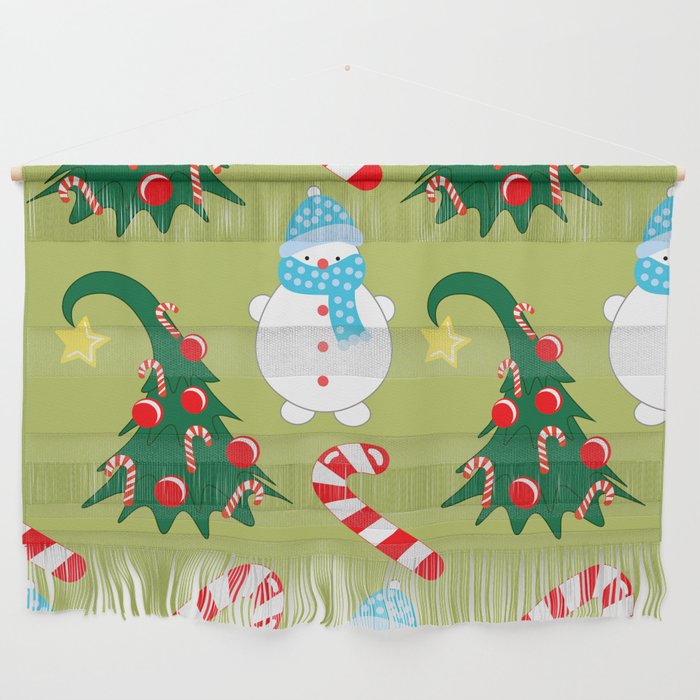 Christmas Seamless Pattern, Drawn Funny Christmas Trees, Cute Snowmen and Candies Wall Hanging