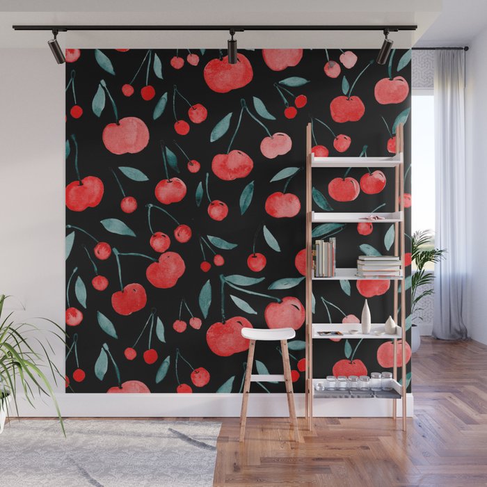 Watercolor cherries - black, red and teal Wall Mural