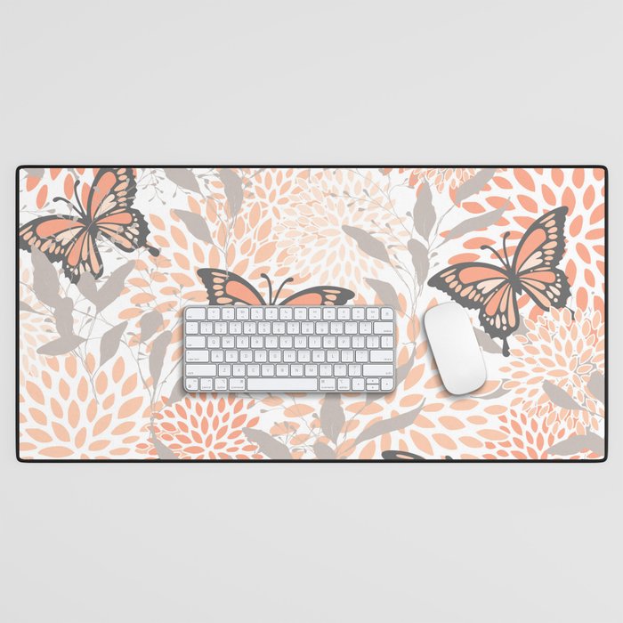 Floral and Butterflies Print, Gray, Coral, Peach Desk Mat