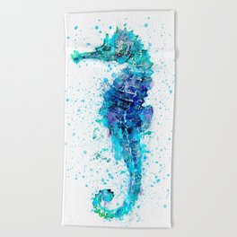 Blue Turquoise Watercolor Seahorse Beach Towel