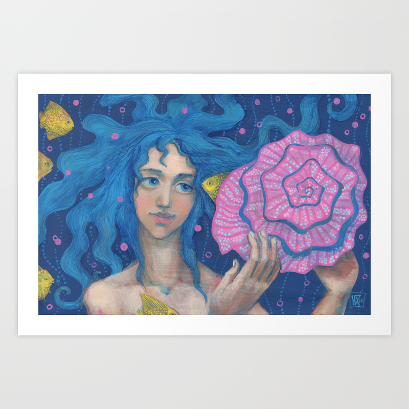 Little Mermaid Yellow Fish Blue Hair Underwater Fantasy Art Print By Clipsocallipso Society6