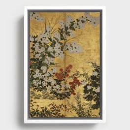 White Red Chrysanthemums Floral Japanese Gold Screen Framed Canvas
