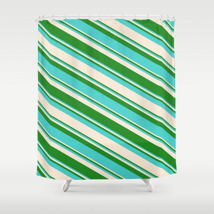 Forest Green, Turquoise & Beige Colored Striped Pattern Shower Curtain
