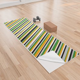 [ Thumbnail: Orange, Forest Green, Light Grey, Black & White Colored Striped Pattern Yoga Towel ]