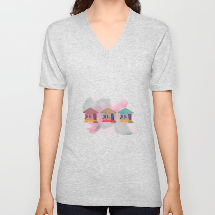 Key West Houses in Watercolor V Neck T Shirt