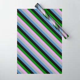 [ Thumbnail: Vibrant Plum, Dark Grey, Blue, Black & Green Colored Stripes Pattern Wrapping Paper ]