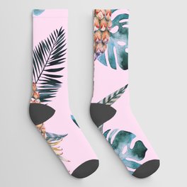 Tropical Blush Pink Green Watercolor Pineapple Monster Leaves Socks