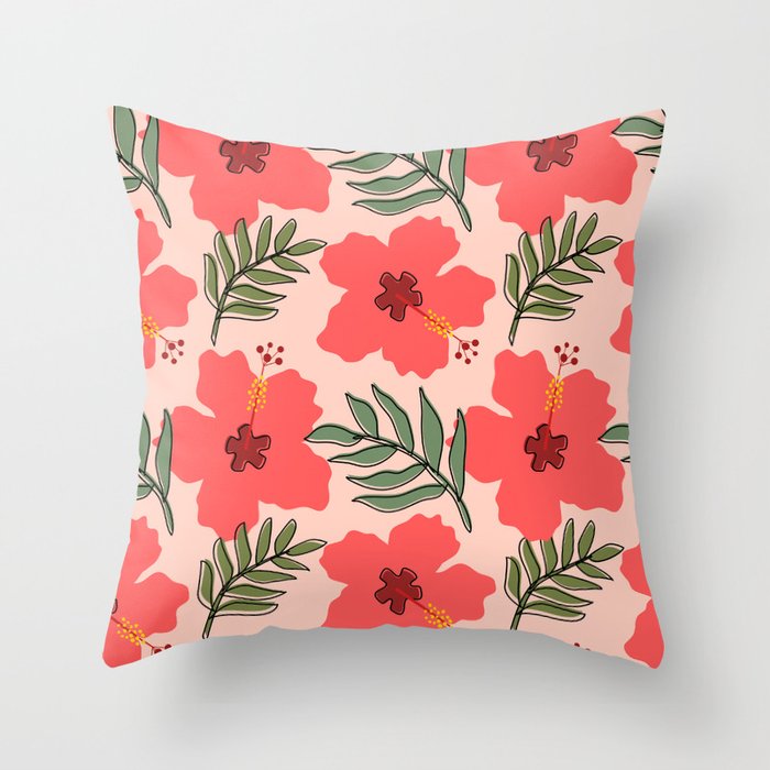 Tropical Hibiscus and Leaves  Throw Pillow