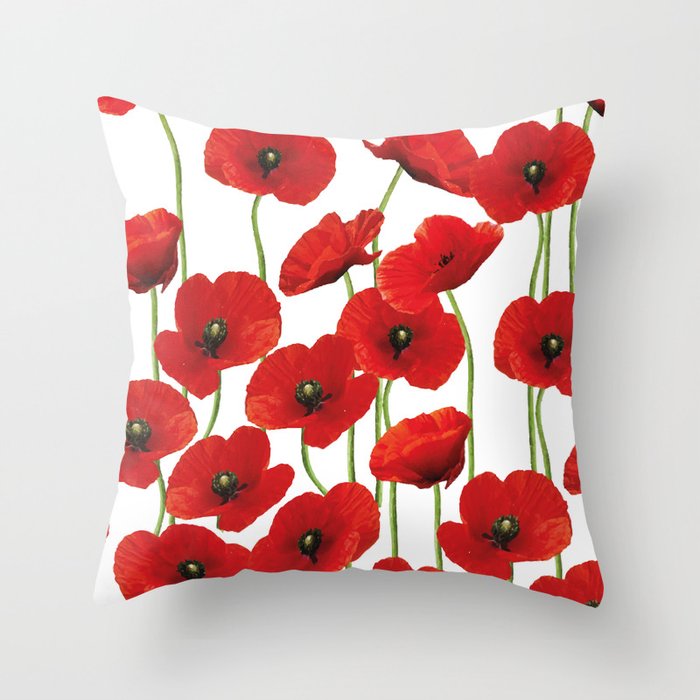 Poppies Flowers red field white background pattern Throw Pillow