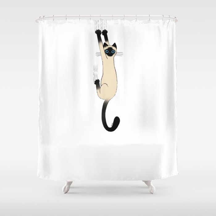 Siamese Cat Hanging On Shower Curtain