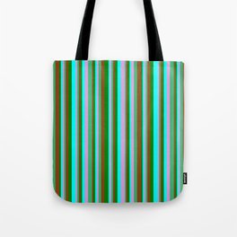 [ Thumbnail: Eye-catching Brown, Green, Cyan, Plum, and Sea Green Colored Stripes Pattern Tote Bag ]