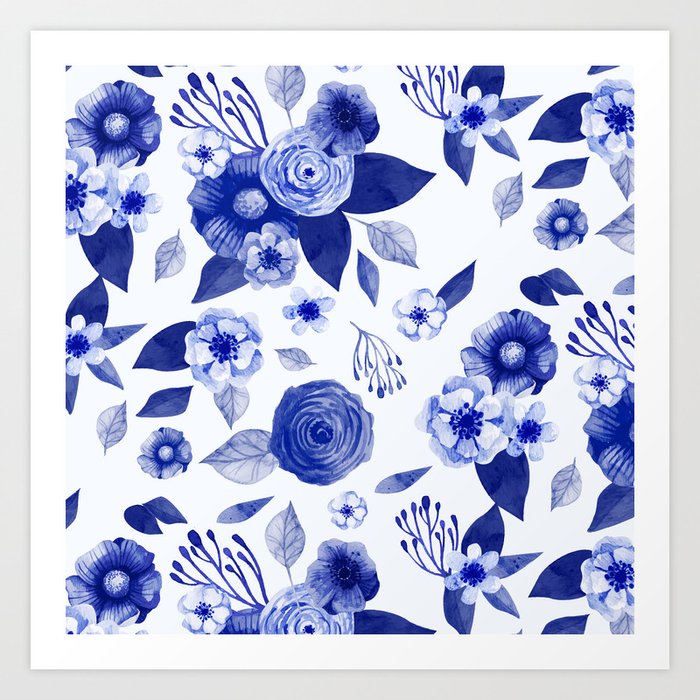 Blue And White Watercolor Floral Art Print By Huntleigh Society6