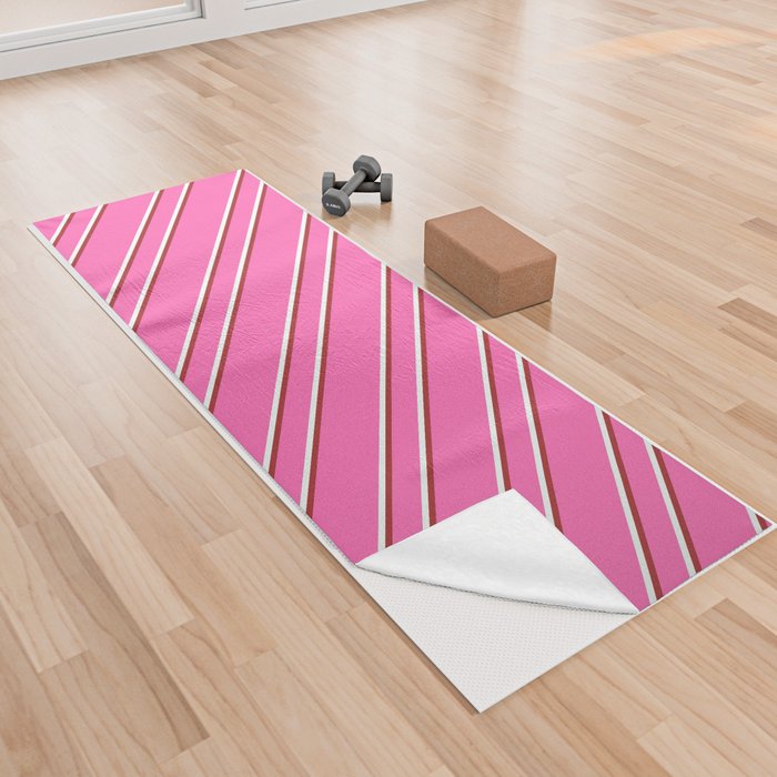 Hot Pink, Brown, and Mint Cream Colored Striped Pattern Yoga Towel