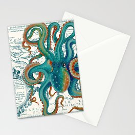 Teal Octopus Vintage Map Watercolor Stationery Card