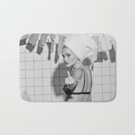 Romans!  Citizens!  Trolls!  Bad boyfriends!  Neo-conservatives we present to you The Birds of Springs humorous blond housewife giving the middle finger (the bird) black and white photograph - photography - photographs by Vitalik Radko Bath Mat | Photographs, Funny, Lingerie, Black And White, Girlsrule, Frustrated, Housewife, Girlpower, Middlefinger, Black 