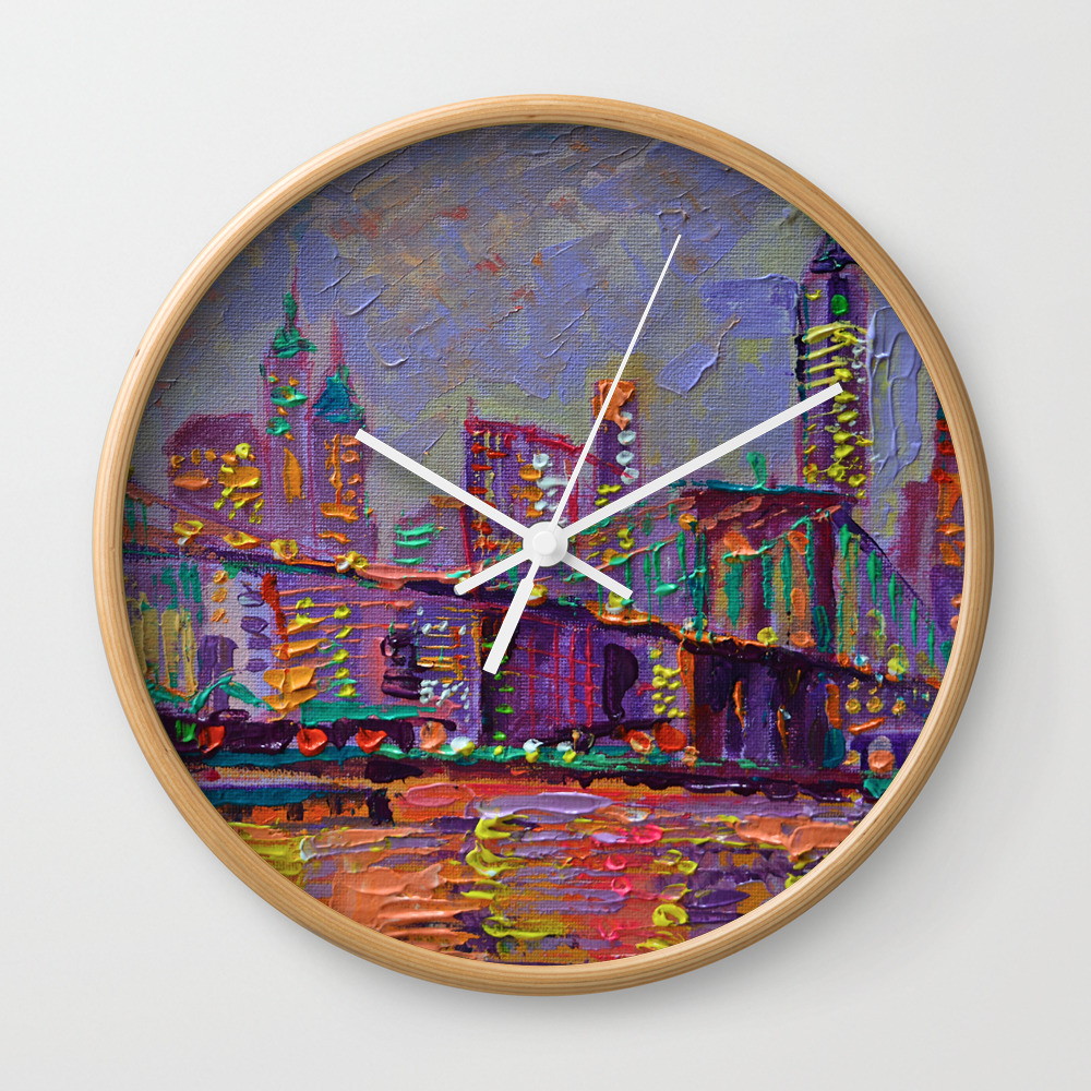 New York City Lights Palette Knife Painting Abstract Manhattan Skyline Brooklyn Bridge Wall Clock By Adrianadziubaart Society6